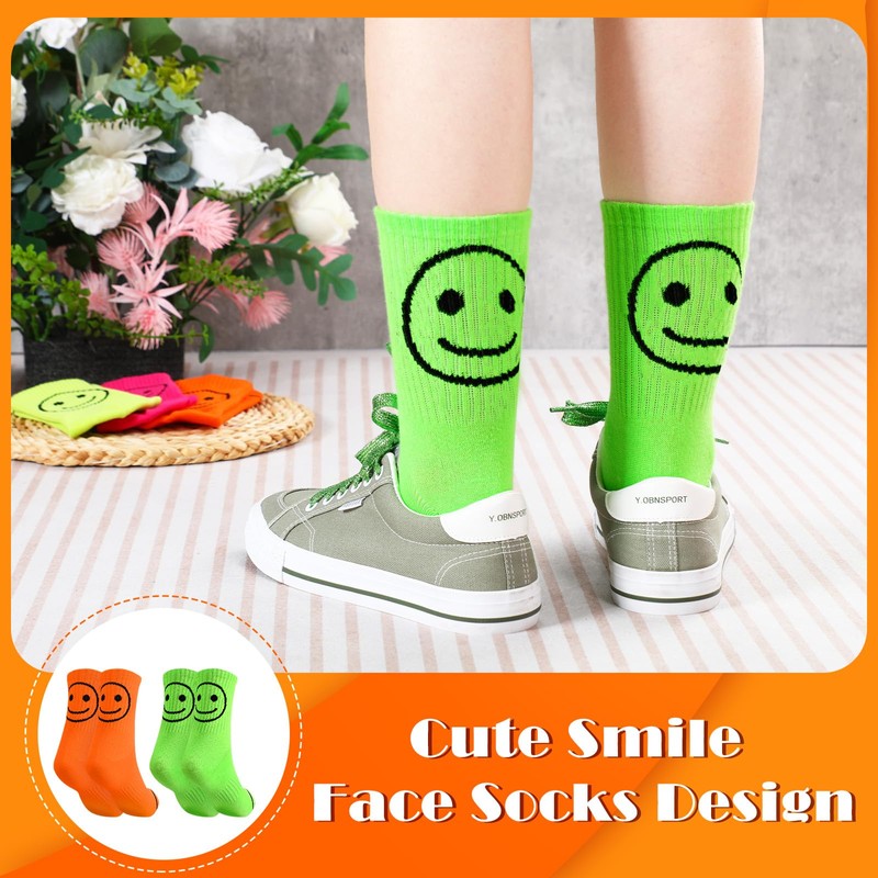 ShinyMatch 12 Pairs Neon Socks Cute Smiling Face Socks Neon