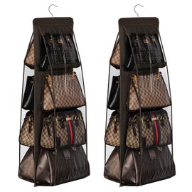 Lirex 2-Pack Handbag Hanging Purse Organizer for Closet, 8 Pocket Handbag Storage Organizer Hanger Oxford Cloth Closet Organizer for Family Closet Bedroom, Foldable and Universal Fit, Dark Brown