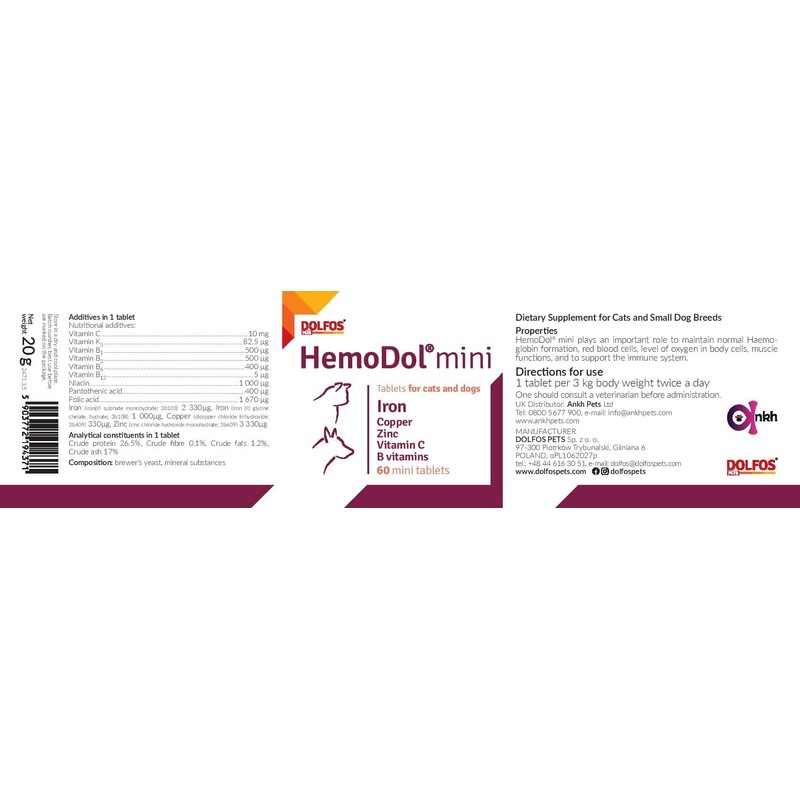 HemoDol 60 mini tablets Iron Support for Dogs and Cats