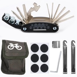 Quixotical 16-in-1 Bicycle Multi-Tool Kit - Puncture Repair Kit with Tire Levers, Glue-Free Patches, Hex Wrench, Tire Rasp, Portable Bag for Mountain Bike Emergencies