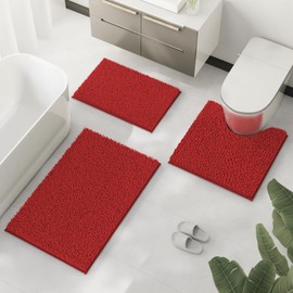 RUN HELIX Red Bathroom Rugs Sets 3 Piece Non Slip Bath Rugs Set, Luxury Bathroom Mats Sest, Extra Soft and Absorbent Shaggy Bathroom Sets with Toilet Rug, Bath Mat for Bathroom, Tub, Shower