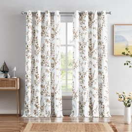 Melodieux Floral Curtains 84 Inches Long for Living Room, Farmhouse Coffee Apricot Flower Print White Decorative Grommet Drapes, 52x84 Inch, 2 Panels