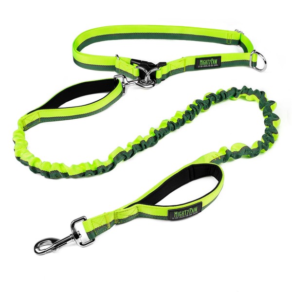 Mighty Paw Hands Free Bungee Leash 2.0 | 4’ Dog Lead W/Dual Padded Traffic Handles for Running, Hiking & Jogging. Wearable Belt (27-48” Waistband) W/ 2 Attachment Loops. Pets Up to 150lb (Green)