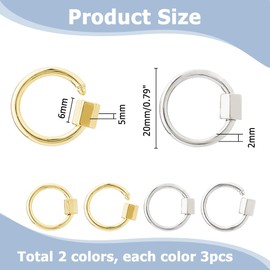 Hobbspring 6pcs Small Locking Carabiner Screw Lock 2 Colors Brass Screw Carabiner Lock Charms 20mm Round Ring Necklace Lock Clip Charms for Jewelry Making DIY Crafts