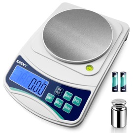 SASVY Digital Lab Scale 1000g x 0.01g oz/g/ct/DWT/tl/gn/ozt Precision Electronic Scientific Scale Analytical Balance for Laboratory Jewelry Kitchen, Includes 100g Weight and 2 x AAA Batteries