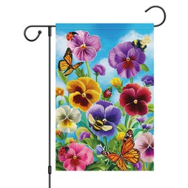Louise Maelys Welcome Spring Garden Flag Pansy Flower Butterfly Double Sided 12x18 Inch Floral Small Burlap Summer Holiday Yard Outdoor Banner Outside Home Decor (Only Flag)