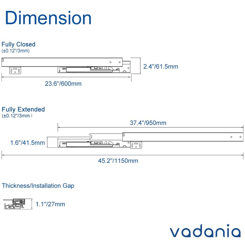 VADANIA 24" Undermount Drawer Slide, Soft Close, Bottom Mounted &