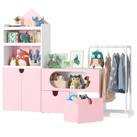 FACBOTALL 69" Large Toy Storage Organizer with Clothes Rack, Modular Type Kids Bookshelf & Toy Storage with Two Movable Toy Box, Children Bookshelf for Playroom, Bedroom, Living Room, Pink