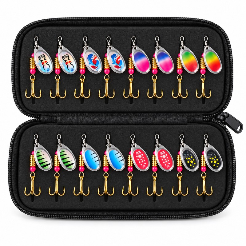 16-Piece Metal Spinner Fishing Lure Set with Portable Storage Bag