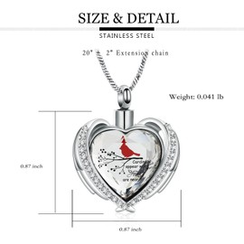 Yinplsmemory Red Cardinal Urn Ashes Necklace for Women Men Angel Wing Crystal Heart Urn Locket for Ashes Keepsake Memorial Cremation Jewelry