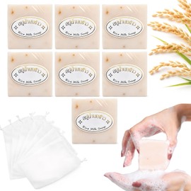 Paquete 7 Jabónes Tailandés De Arroz Hecho，Blanqueamiento Hidratante Limpiadora Jabón De Leche，Jabón de Leche de Arroz mini con red espumosa，Limpieza 