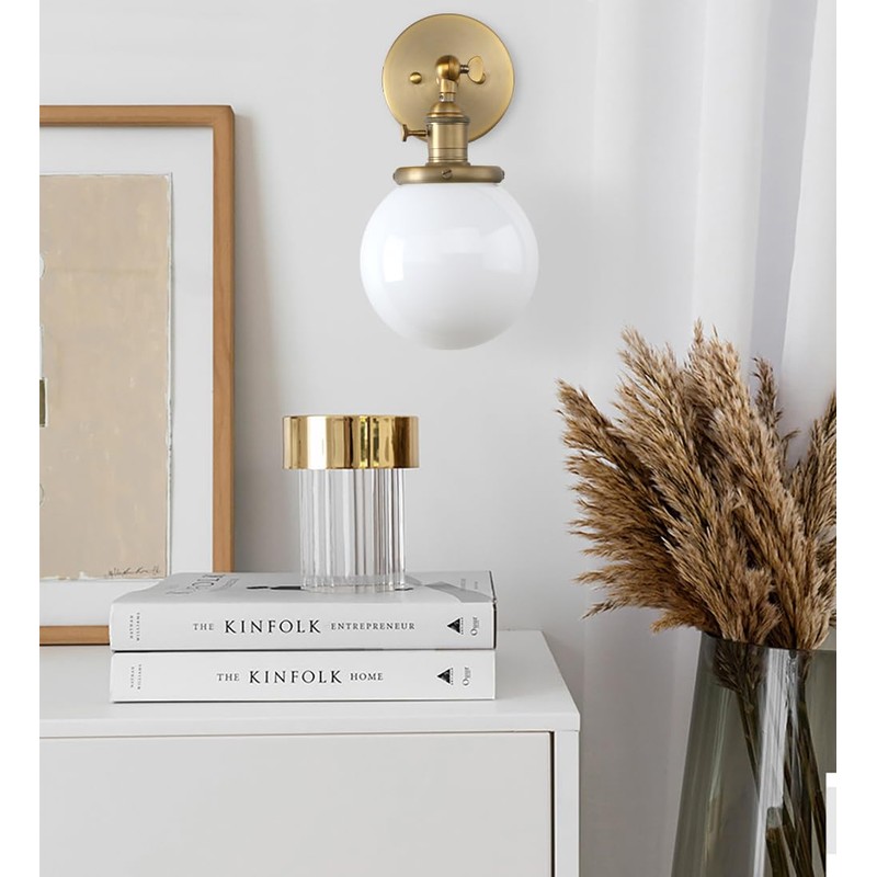 Pathson Hardwired Wall Sconce with White Globe, Brass Bathroom Vanity