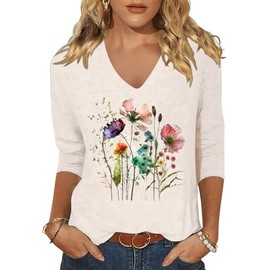 Scgirl Womens 3/4 Sleeve V Neck T-Shirts Floral Printed Cute Tunic Tops Casual Basic Top Pullover (XL,1 Beige)