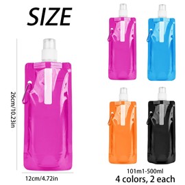 YSBCNK 8 Pack Foldable Water Bottle, Collapsible Water Bottles with Clip, Portable Water Pouch for Hiking, Biking, Travel, Outdoor Sports, 500 Ml Capacity, 4 Colors