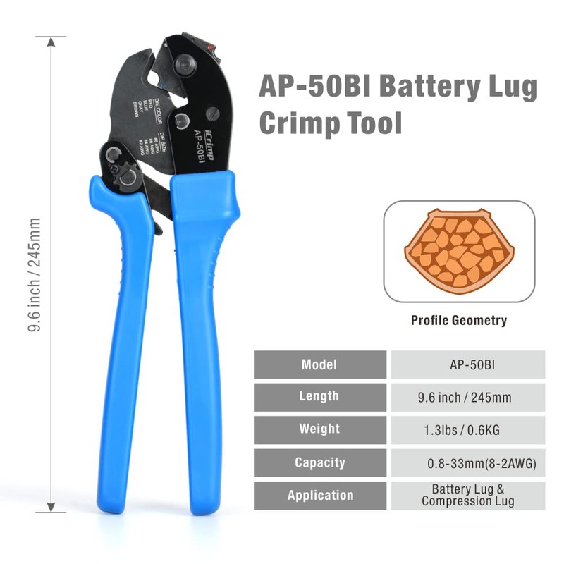 iCrimp AP-50BI Battery Cable Ring Terminal Crimper for 8, 6,