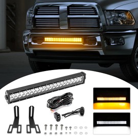 Wsays 22 inch 120W LED Amber/White Strobe Dual Rows Straight Light Bar with Custom 1-Lead Wiring Harness Kit & Front Hidden Bumper Mounting Brackets Compatible with Dodge Ram 2500 3500 2003-2019