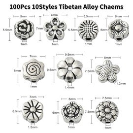 DanLingJewelry 100Pcs 10 Styles Tibetan Antique Silver Flower Beads Daisy Rose Flower Loose Spacer Beads for Bracelet Jewelry Making