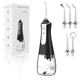 Irrigador Bucal, Water Flosser Eléctrico, Limpiador de Dientes a Presion de Aguam, Hilo Dental con Depósito de Agua 300ml, 5 Puntas y 3 Modos, Limpiador Bucal Recargable Portatil para Hogar y Viajes(Negro)