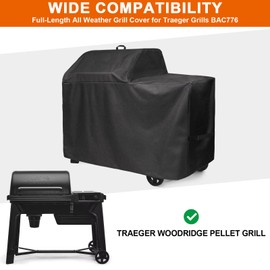 BAC761 Grill Cover for Traeger Woodridge Pellet Grill and Smoker, Heavy Duty Full-Length All-Weather Grill Cover Outdoor Accessories for Traeger, Black