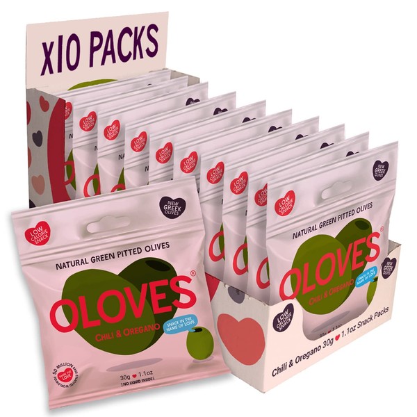 Oloves - Zingy Chili and Oregano, Green Pitted Olives - 10 x 30g Multipacks - 100% Natural, Vegan Friendly, Gluten-Free, Keto Friendly Olive Snack for a Lunchtime Health Kick