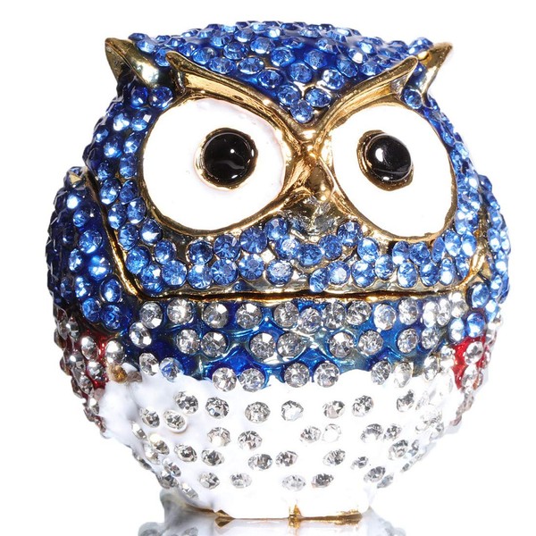 Waltz&F Diamond Light Blue Owl TrinketBox Hinged Hand-painted Figurine Collectible Ring Holder