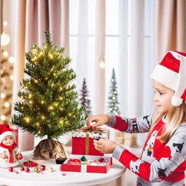 SENNOUL SENNOUL Small Christmas Tree with Lights - 2FT Pre Lit Artificial Mini Christmas Tree, Includes 50 Led Warm Lights and Burlap Bag Base, 73 PVC Branch Tips Thick and FullPink