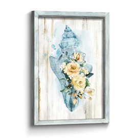 Conch Wall Art Framed Picture: Bathroom Coastal Sea Snail Shell Wooden Painting Decor Watercolor Beach Creature Whelk Seashell Print Artwork Bedroom Living Room Decoration