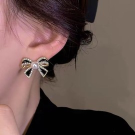 Cimenexe Bohemian Crystal Pearl Bow Earrings Black Enamel Bow Stud Earrings CZ Pearl Earrings Black Rhinestone Bow Tie Earrings Jewellery for Women and Girls Gifts, Zinc, No Gemstone