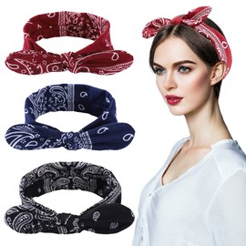 TSHAOUN Pack of 3 Boho Hair Bands Women, Paisley Headbands, Boho Bow Bandana, Elastic Headband, Women's Summer Wide Hair Bands, Headband with Knotted for Girls, Everyday Makeup, Yoga