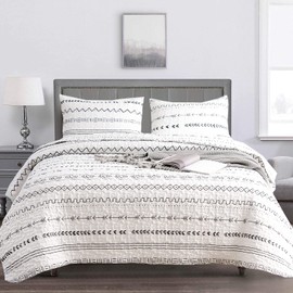 DURLENGEN White Quilt Set Queen Size 3Pcs,Bohemian Design with White & Black Geometric Pattern Printed on White, All Season Lightweight Coverlet Sets(Queen 90x96,Boho White)