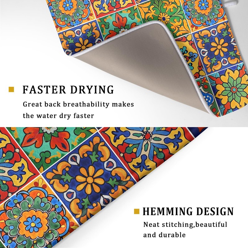 Mexican Tiles Dish Drying Mat for Kitchen Counter Absorbent Microfiber