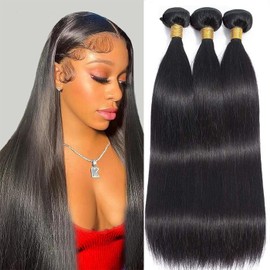 Real Hair Wefts for Sewing, Real Hair Weft Extensions, Brazilian Hair, 3 Bundles, Straight Bundles, Hair Bundles Made of Human Hair Look Very Natural, For Women, 14, 16, 18 Inches