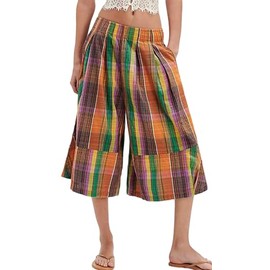 Soamat Womens Summer Boho Wide Leg Culotte Pants Casual Elastic Waisted Palazzo Trousers Colorful Plaid Capris with Pockets,Orange, X-Large