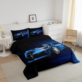 Feelyou Sports Car Comforter Blue Race Car Comforter Set for Kids Boys Girls Extreme Sports Theme Bedding Set Cool Speed Luxury Car Decor Soft Quilt Set with 2 Pillowcases 3Pcs Bedding King