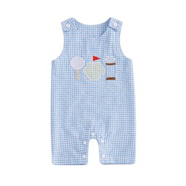 Geogenry - Traje de golf para bebé, cuello redondo, sin mangas, bordado de golf, estampado a cuadros, overol de verano, Azul-cielo, 3-6 Meses
