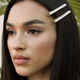 Ettika Gold Tone Plated Hair Clips for Women | Hair Accessory | Thin Pearl and Crystal Hair Clip Set of 5 in White and Gold Tone