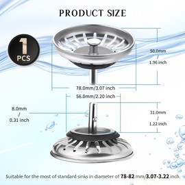 1 x Kitchen Sink Strainer, Sink Strainer Basket, Stainless Steel Sink, Stainless Steel Sink Strainer Stopper, Drain Plug, Strainer Basket Sink, for Eccentric Operation, Kitchen Sink Strainer,