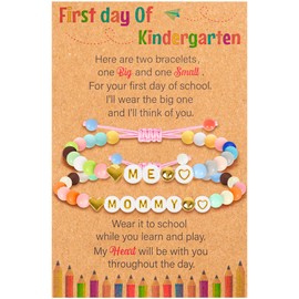 EOBOH 2Pcs First Day of Kindergarten Bracelet, Adjustable Heart Kindergarten Bracelet Mommy and Me, Plastic Mom Daughter Bracelets