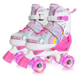 Nattork Girls Roller Skates for Kids Toddler, 4 Sizes Adjustable Rainbow Quad Skates with Light up Wheels,Best Gift for Boys Kids Beginners Indoor Outdoor XS