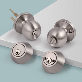Probrico 2 Sets-Ball Style Entry Door Knobs with Double Cylinder Deadbolts Combo Pack, Keyed Alike Door Levers Exterior and Interior Lockset Leverset, Handleset for Front and Entrance Door
