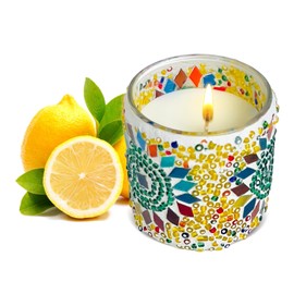 Mosaic Glass Jar Scented Candle - 4.5oz 24-Hour Burn Time, Natural Soy & Beeswax, Designer-Inspired Coffee & Wood Unisex Fragrance for Home Decor, Office Relaxation, Gifts and Aromatherapy for Adults