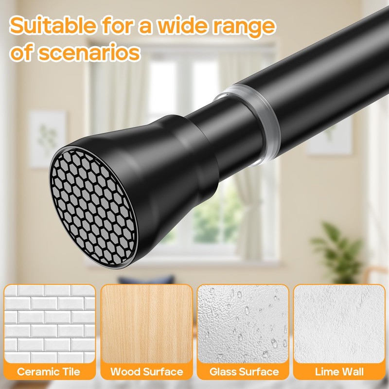 Fvonzn Adjustable Tension Rod 30-64 Inch - Black No-Drill Curtain