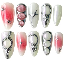 Handmade Press on Nails 3D Metal Style Medium Almond Shape Silver Sweet Cool Designs Reusable Acrylic False Nails​ (Silver, S)
