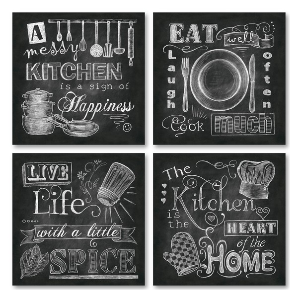 Beautiful, Fun, Chalkboard-Style Kitchen Signs; Messy Kitchen, Heart of The Home, Spice of Life, and Cook Much; Four 12x12in Paper Posters (Printed on Paper and Made to Look Like Chalkboard)