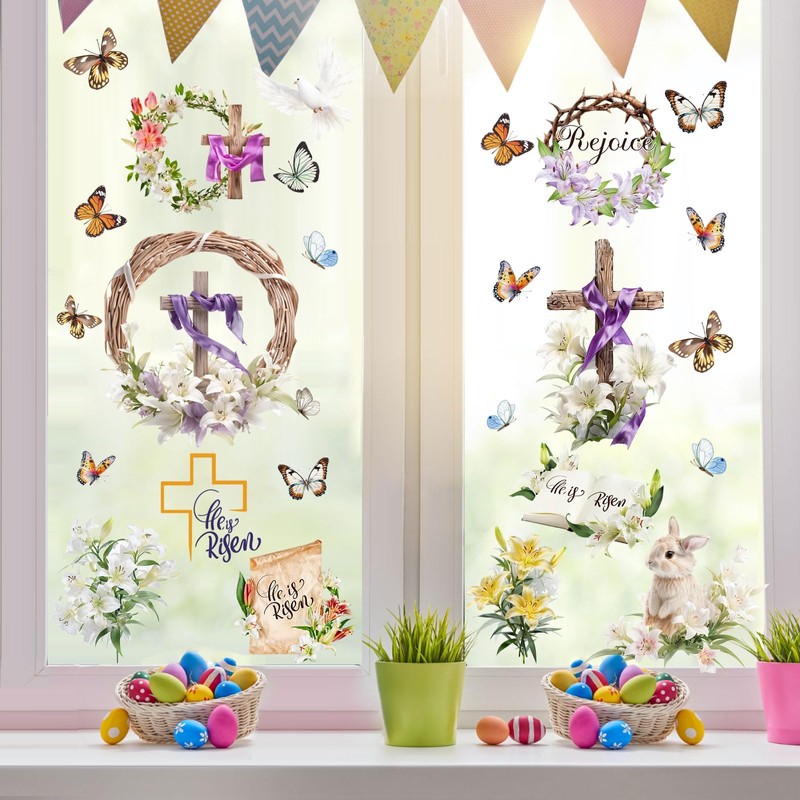 AhfuLife He is Risen Easter Window Stickers, 9 Sheets Reusable