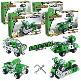 Construct IT Miniature Constructables 4 Pack Set - Green - 70-100 Pieces Toy Car, Toy Motorbike, Toy Tank Construction Set - STEM Toys for 8+ Year Olds - Build Your Own Mini Vehicles