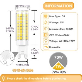 [5 Pack] G9 LED Bulb 7W Dimmable G9 Bi-Pin Base 75W Halogen Equivalent, T3/T4 G9 LED Corn Bulb for Chandelier Ceiling Fan Cabinet Decorative Lighting White 6000K