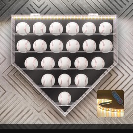 Leiruosi Acrylic Display Case for Baseball, Lighted Wall Mounted Shadow Box, LED Baseball Display Case Holder for Collectibles, UV Protected Memorabilia Autograph Display Box for 21 Balls, Black