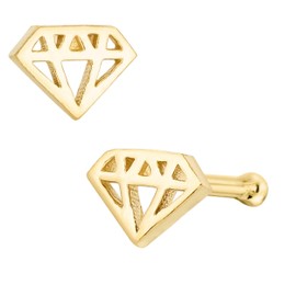 20G Solid 14K Yellow Gold Diamond Icon Nose Stud, Diamond Shape Nose Ring L-Bend, Ball-end, Nose Screw Stud, Unisex Nose Ring, Metal, no gemstone