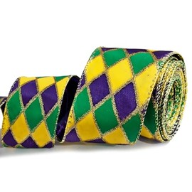 HIENAJ Mardi Gras Ribbon Wired Edge, 2.5" X 10 Yards Purple Green Gold Metallic Glitter Wired Ribbon for Mardi Gras Carnival Masquerade Party Decoration DIY Crafts Wrapping Gifts Wreaths Bow